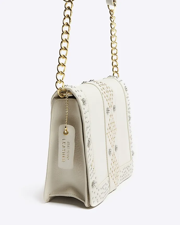 Cream leather studded cross body bag