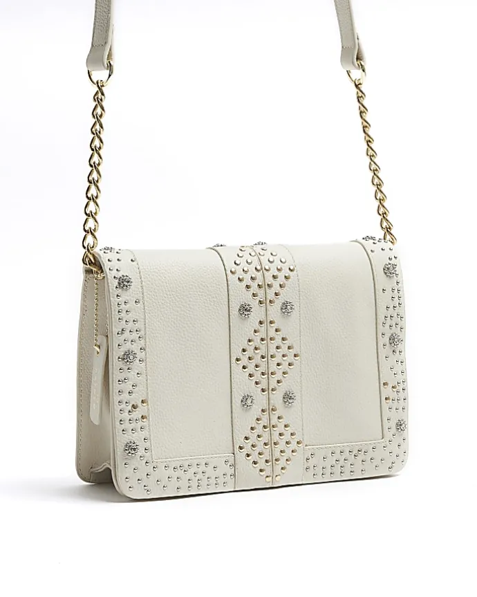 Cream leather studded cross body bag