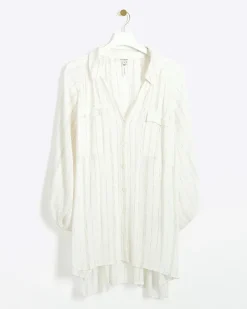 Cream metallic stripe beach shirt