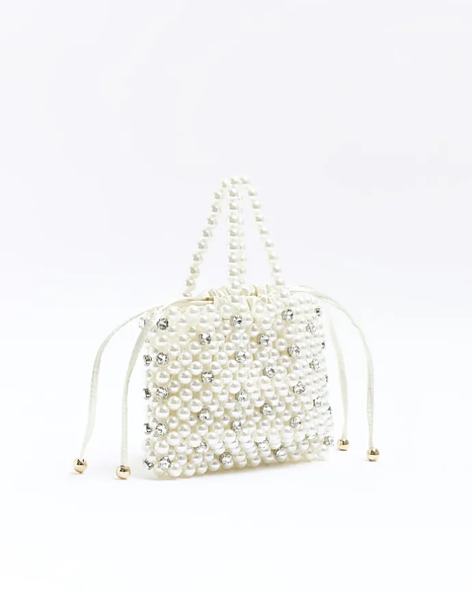 Cream pearl embellished handbag