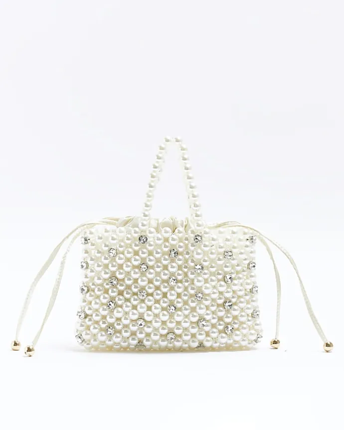 Cream pearl embellished handbag