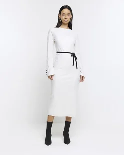 Cream plisse belted bodycon midi dress