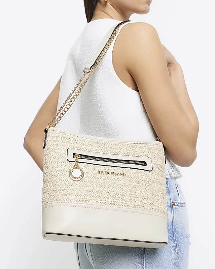 Cream raffia chain cross body bag