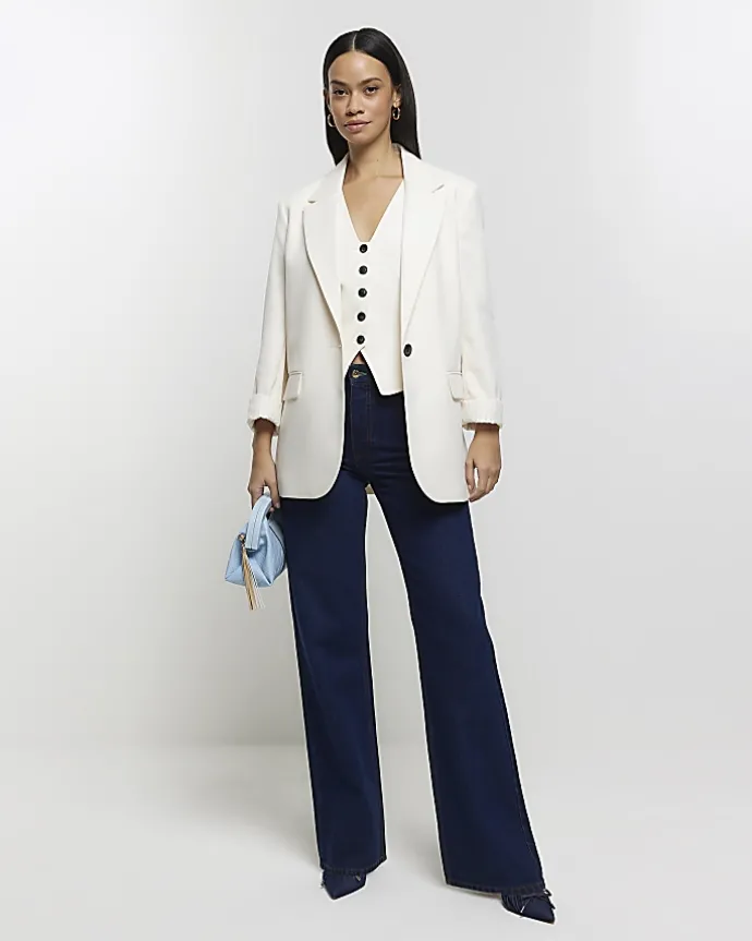 Cream rolled sleeve relaxed blazer