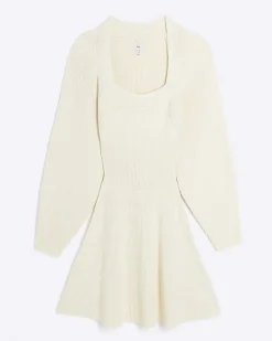 Cream square neck jumper mini dress