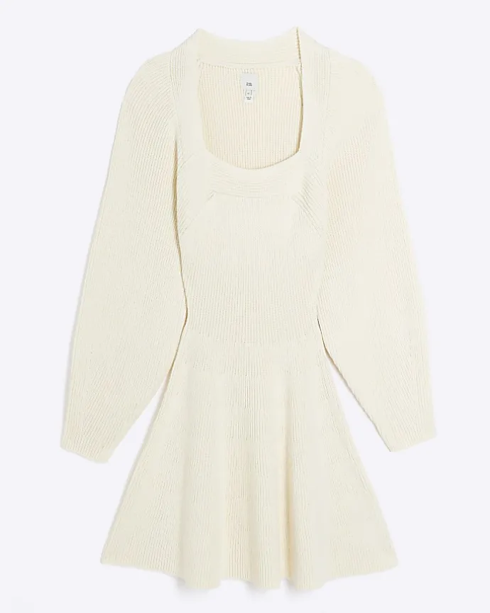 Cream square neck jumper mini dress