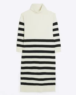 Cream stripe rolled neck jumper midi dress
