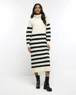 Cream stripe rolled neck jumper midi dress