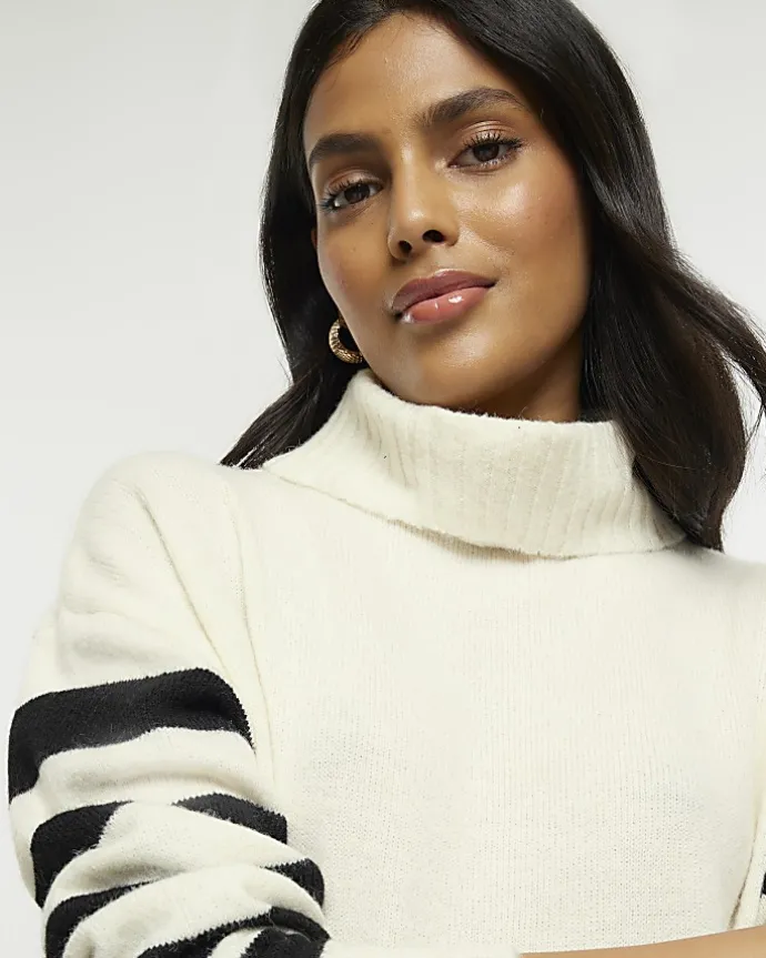 Cream stripe rolled neck jumper midi dress