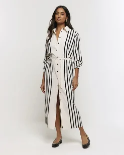 Cream stripe tie waist midi shirt dress