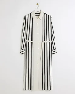 Cream stripe tie waist midi shirt dress