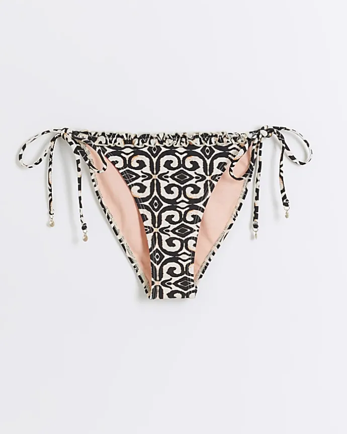 Cream tie side abstract bikini bottoms