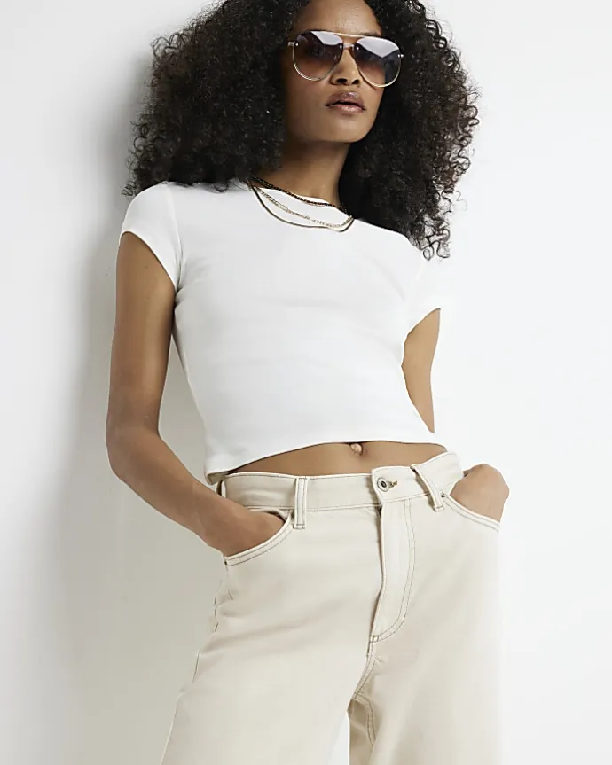 Ecru high waisted relaxed straight jeans