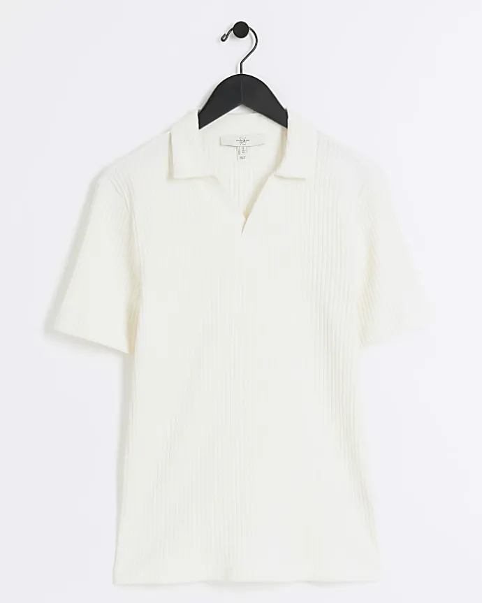 Ecru muscle fit rib open collar polo