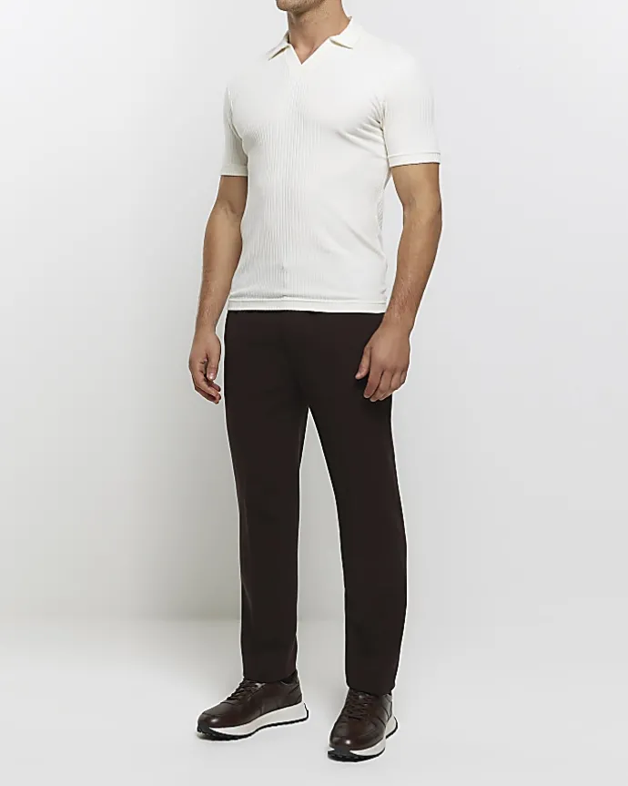 Ecru muscle fit rib open collar polo