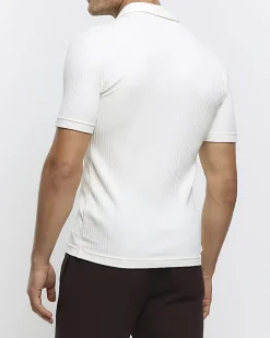 Ecru muscle fit rib open collar polo
