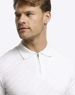 Ecru muscle fit zig zag knit polo