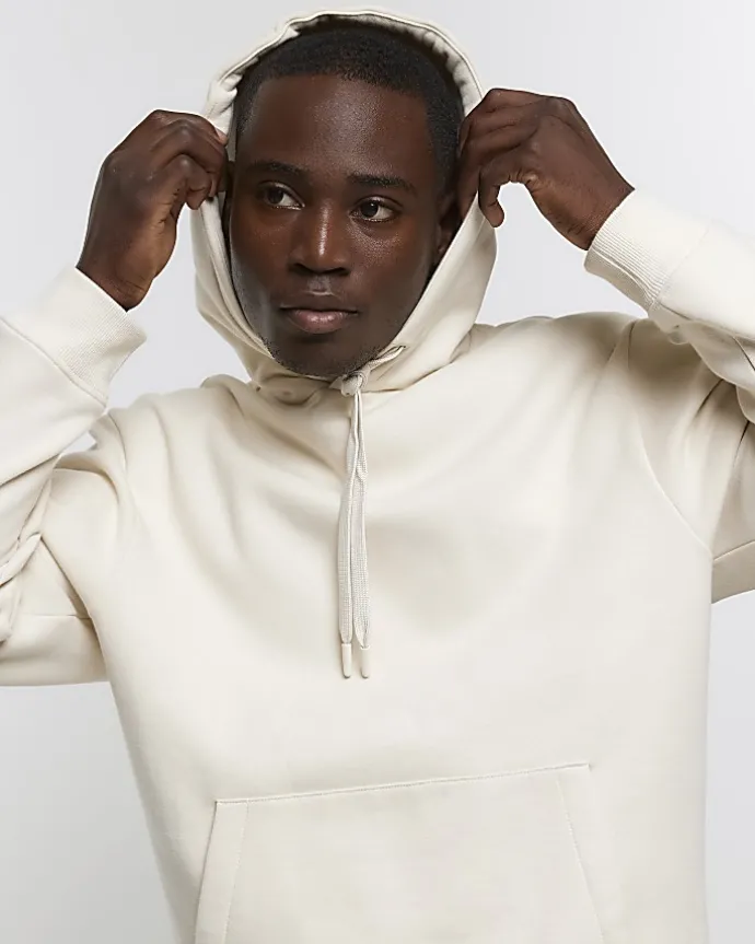 Ecru regular fit plain hoodie