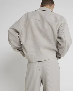 Ecru regular fit plisse harrington jacket