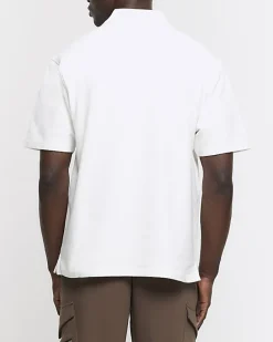 Ecru regular fit textured half zip polo