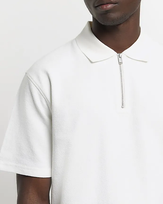 Ecru regular fit textured half zip polo