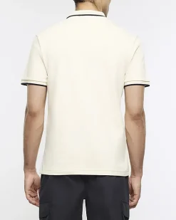 Ecru slim fit taped collar polo