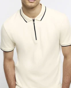 Ecru slim fit taped collar polo