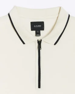 Ecru slim fit taped collar polo