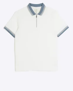 Ecru slim fit taped half zip polo
