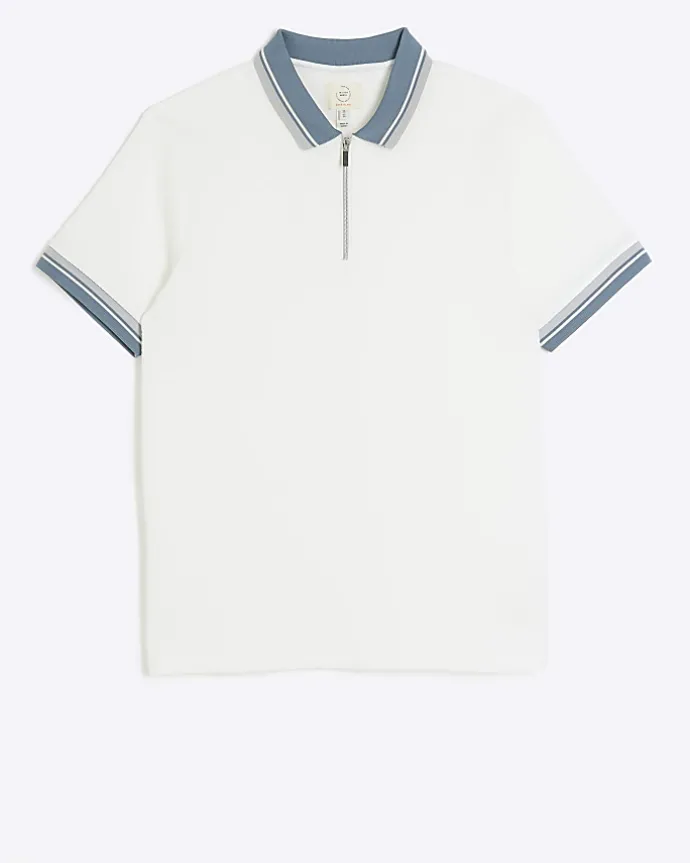 Ecru slim fit taped half zip polo
