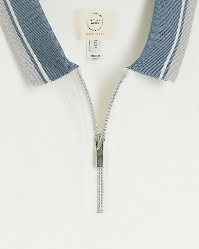 Ecru slim fit taped half zip polo