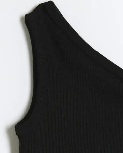 Girl black rib one shoulder vest top