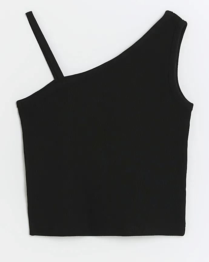 Girl black rib one shoulder vest top