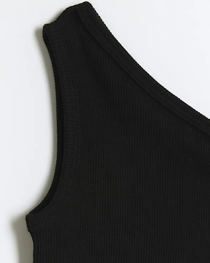 Girl black rib one shoulder vest top