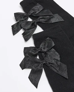Girls black bow knee high socks