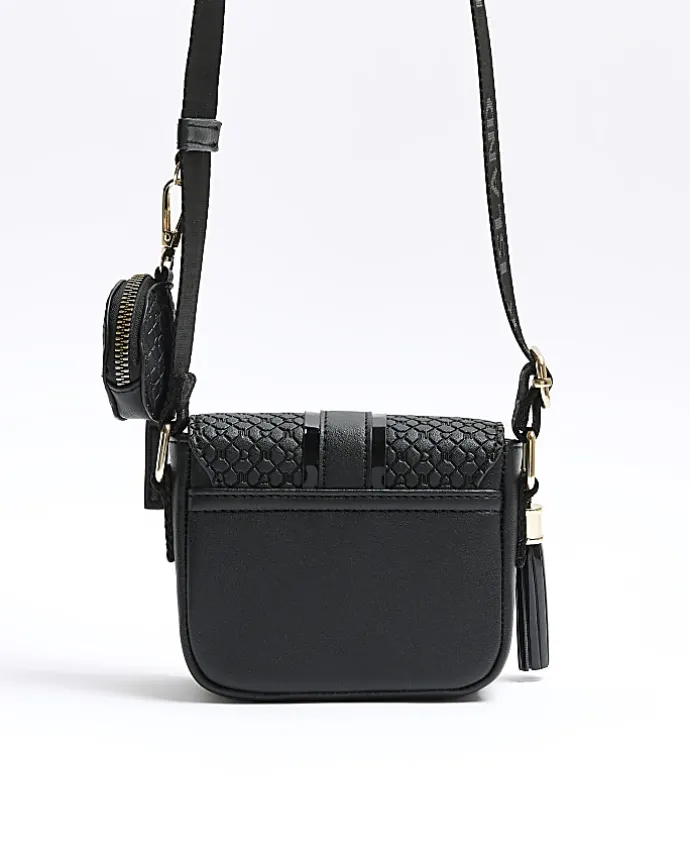 Girls black embossed monogram cross body bag