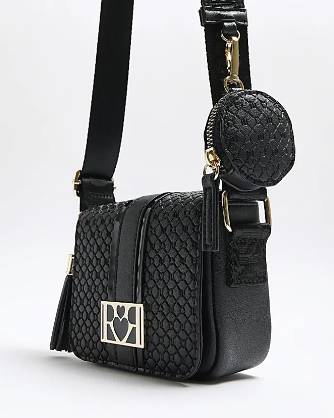 Girls black embossed monogram cross body bag