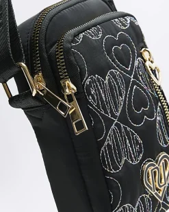Girls black embroidered heart cross body bag