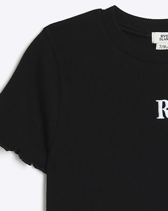 Girls black embroidered logo crop t-shirt