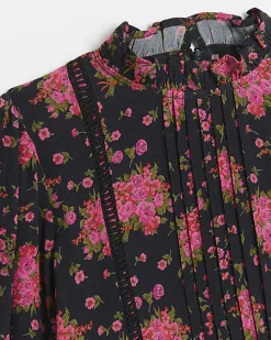 Girls black floral long sleeve dress