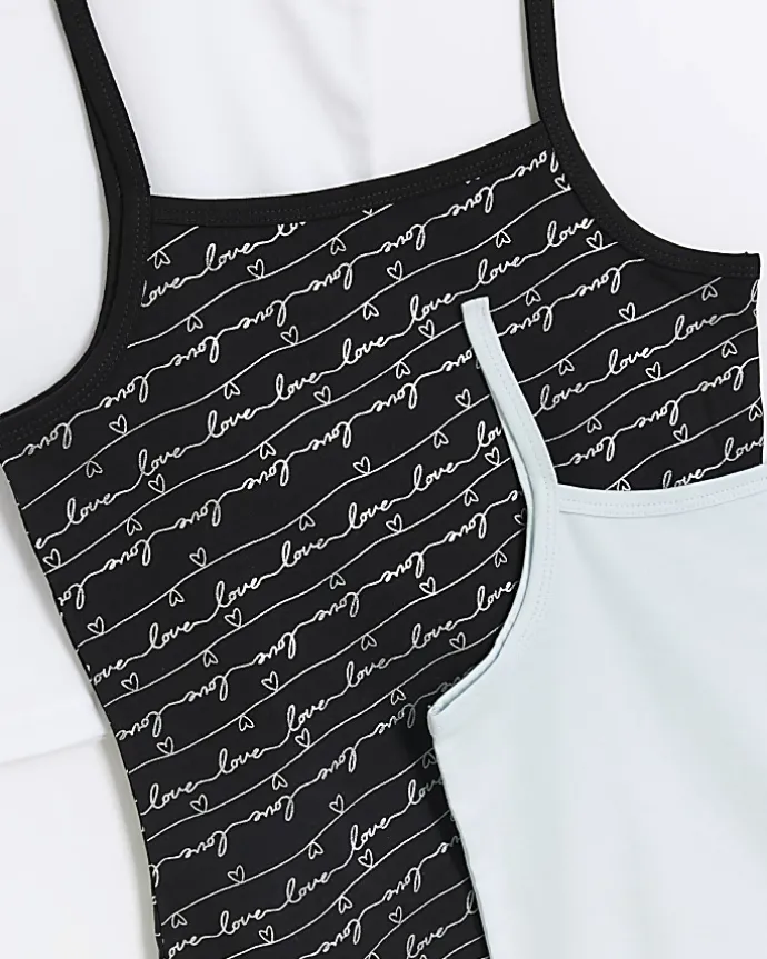 Girls black foil script vest 3 pack
