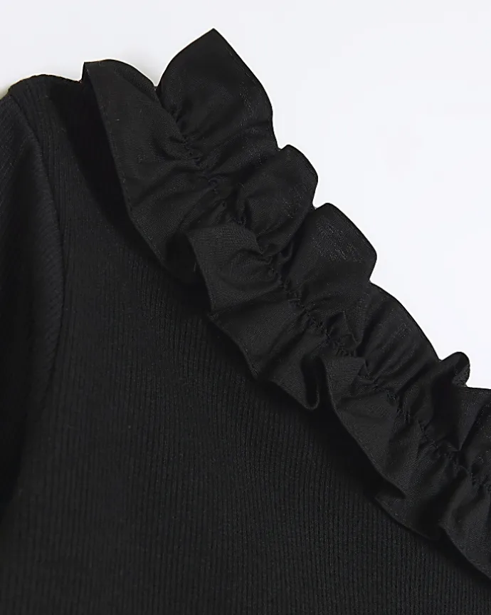 Girls black frill one shoulder top set