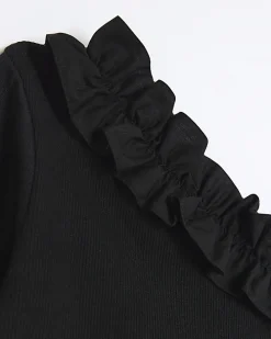 Girls black frill one shoulder top set