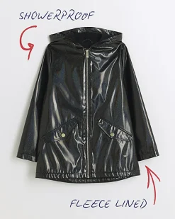 Girls black glitter hooded rain coat