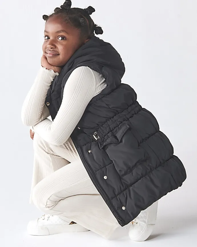 Girls black padded showerproof hooded gilet