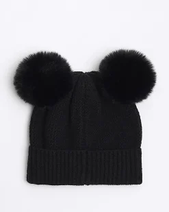 Girls black pom pom beanie hat