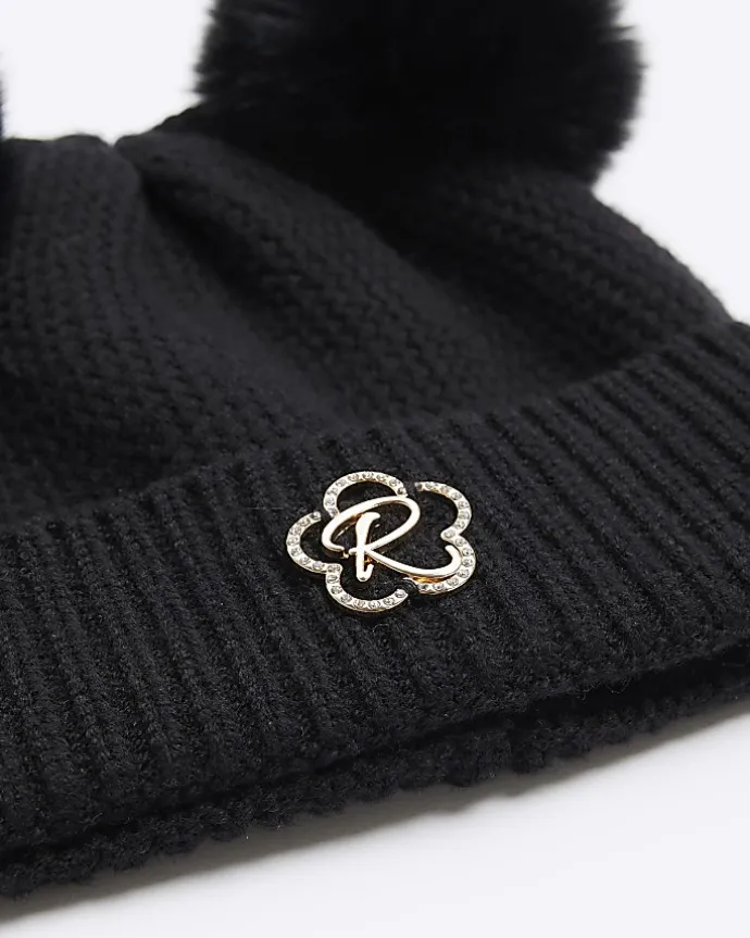 Girls black pom pom beanie hat