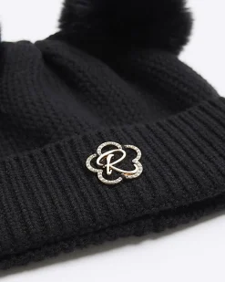 Girls black pom pom beanie hat