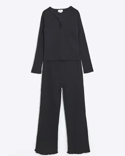 Girls black rib crossed top and leggings set