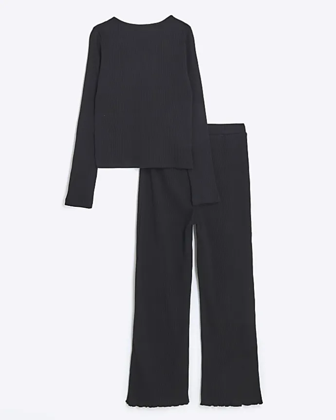 Girls black rib crossed top and leggings set